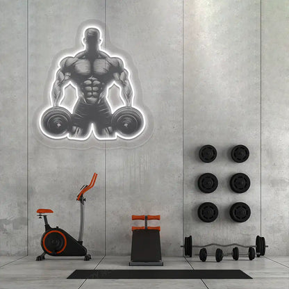 white muscle man dumbbell gym neon artwork mounted on a wall