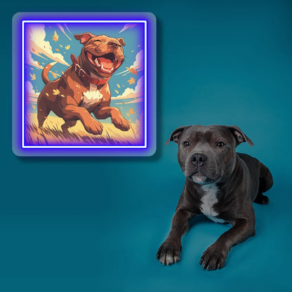 Happy Staffordshire Bull Terrier Portrait Neon Artwork in Blue Color