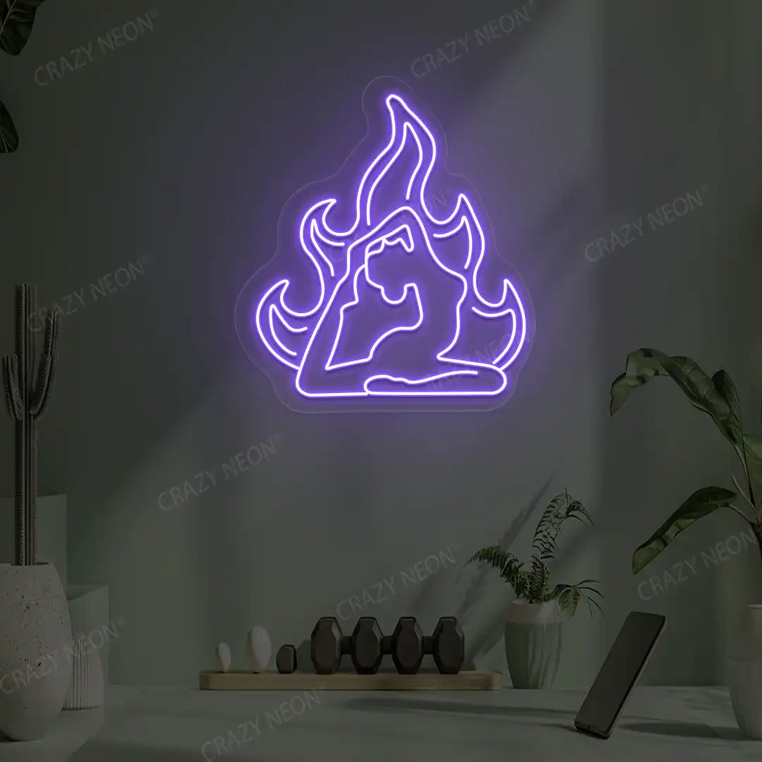 Flamed Eka Pada Rajakapotasana Yoga Neon Sign lighting up in purple color in a yoga room