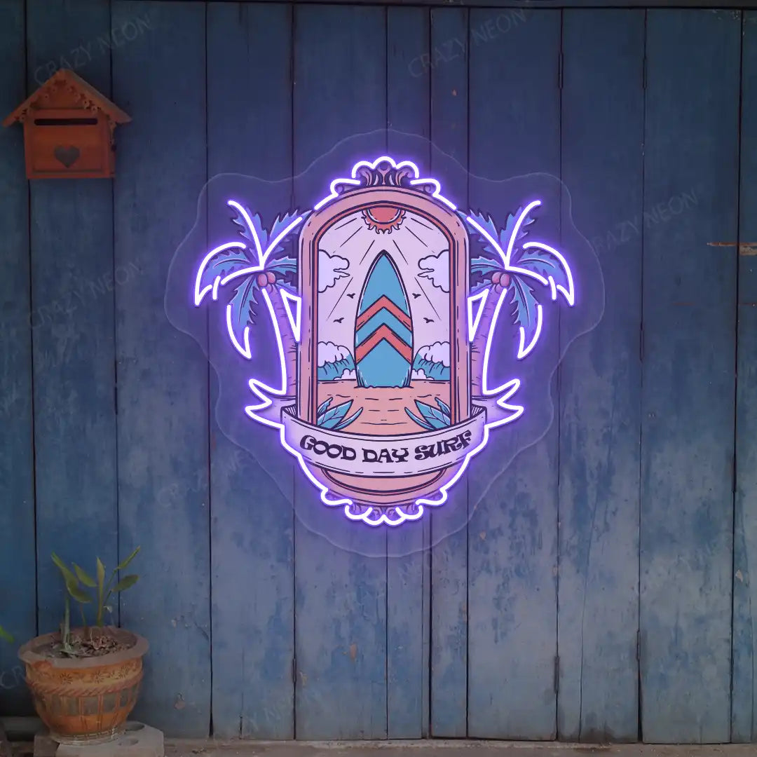 purple good day surf beach neon artwork mounted on a wall