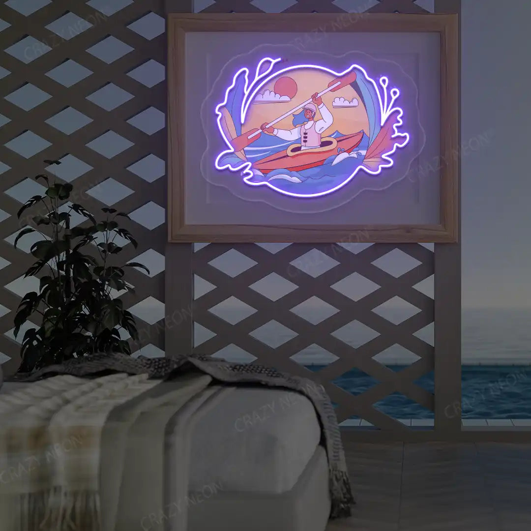 purple kayak dreamscape neon artwork mounted on a wall