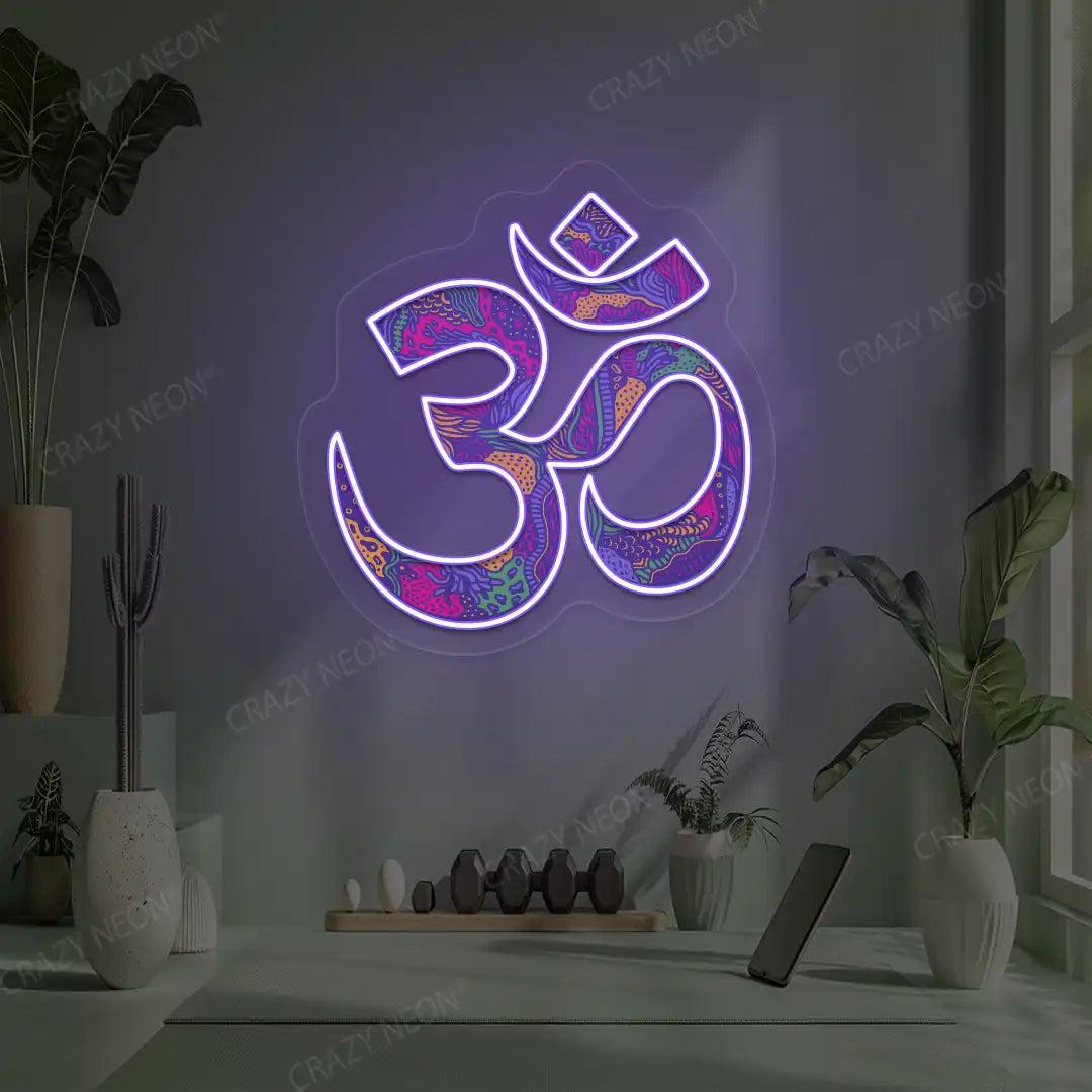Psychedelic OM Neon Artwork lighting up in purple color in a yoga room