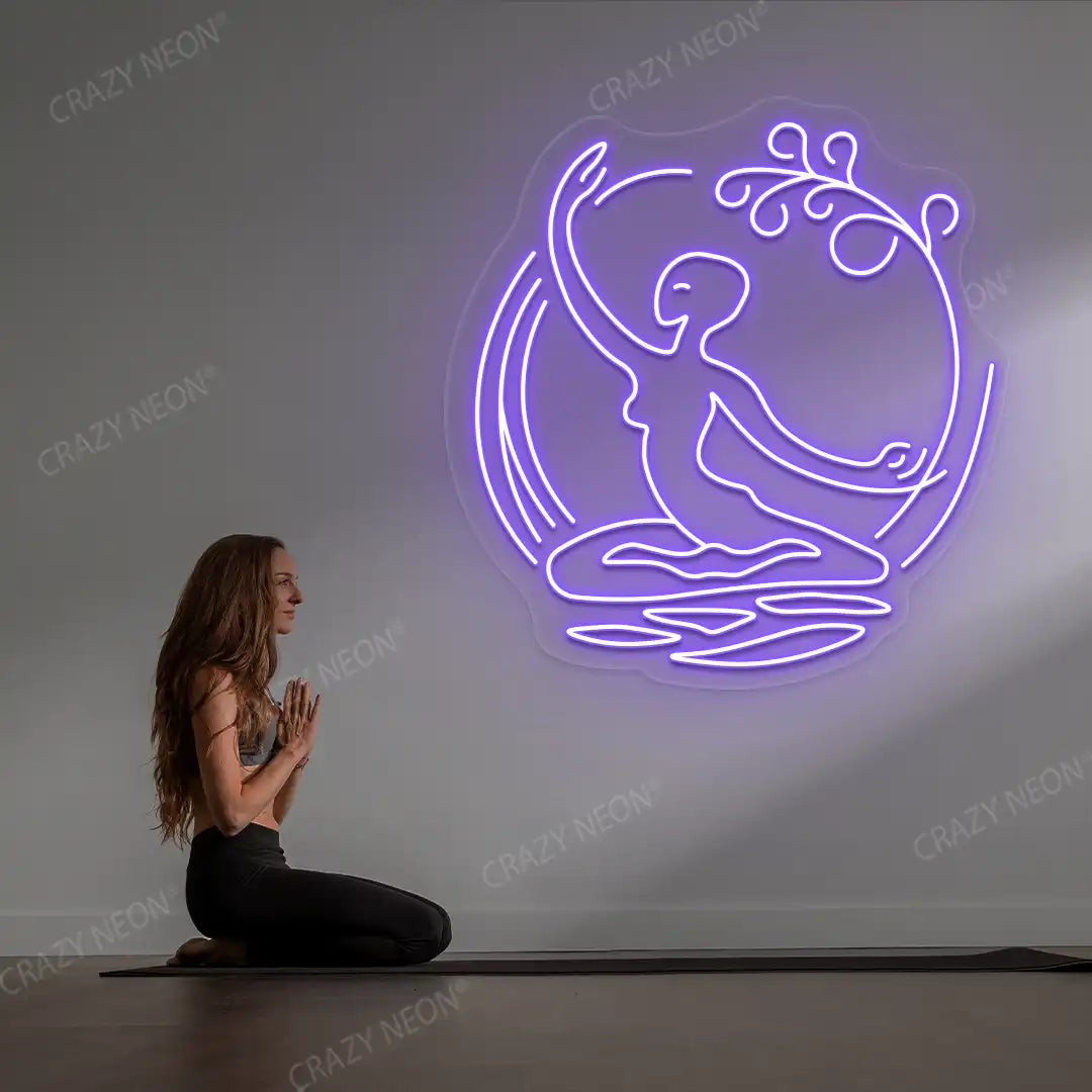 Chi Flow meditation Neon Sign lighting up in purple color in a yoga room
