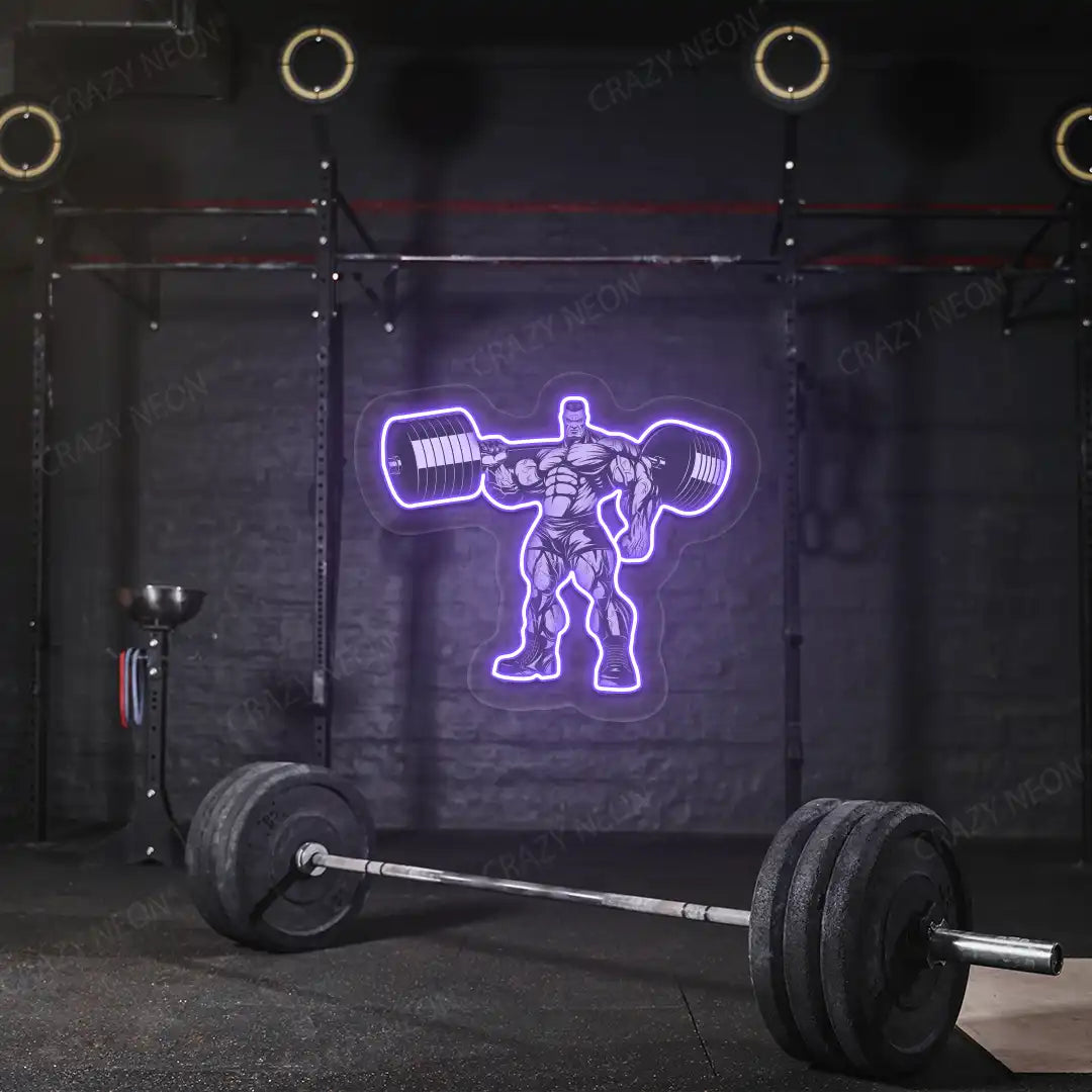 purple bodybuilder power flex gym neon artwork mounted on a wall