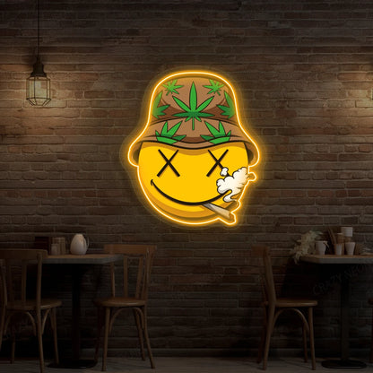 Smiley Stoner Weed Neon Artwork in orange color