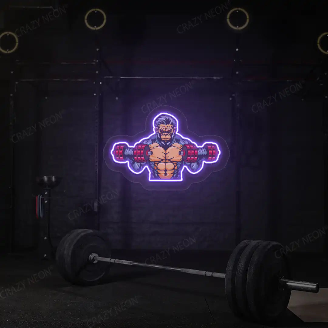 purple monkey workout gym neon artwork mounted on a wall