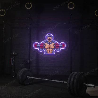 purple monkey workout gym neon artwork mounted on a wall