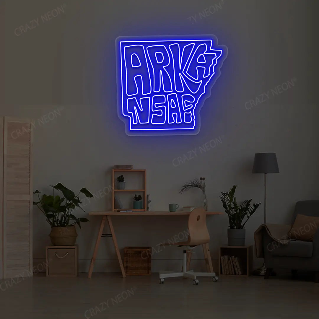 ARKANSAS Map Neon Sign lighting up in blue color in a room
