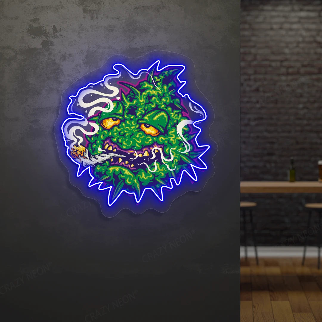 Trippy Weed Monster Neon Artwork in blue color