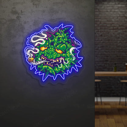 Trippy Weed Monster Neon Artwork in blue color