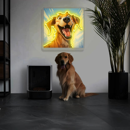 Goofy Smile Golden Retriever Neon Artwork in yellow color