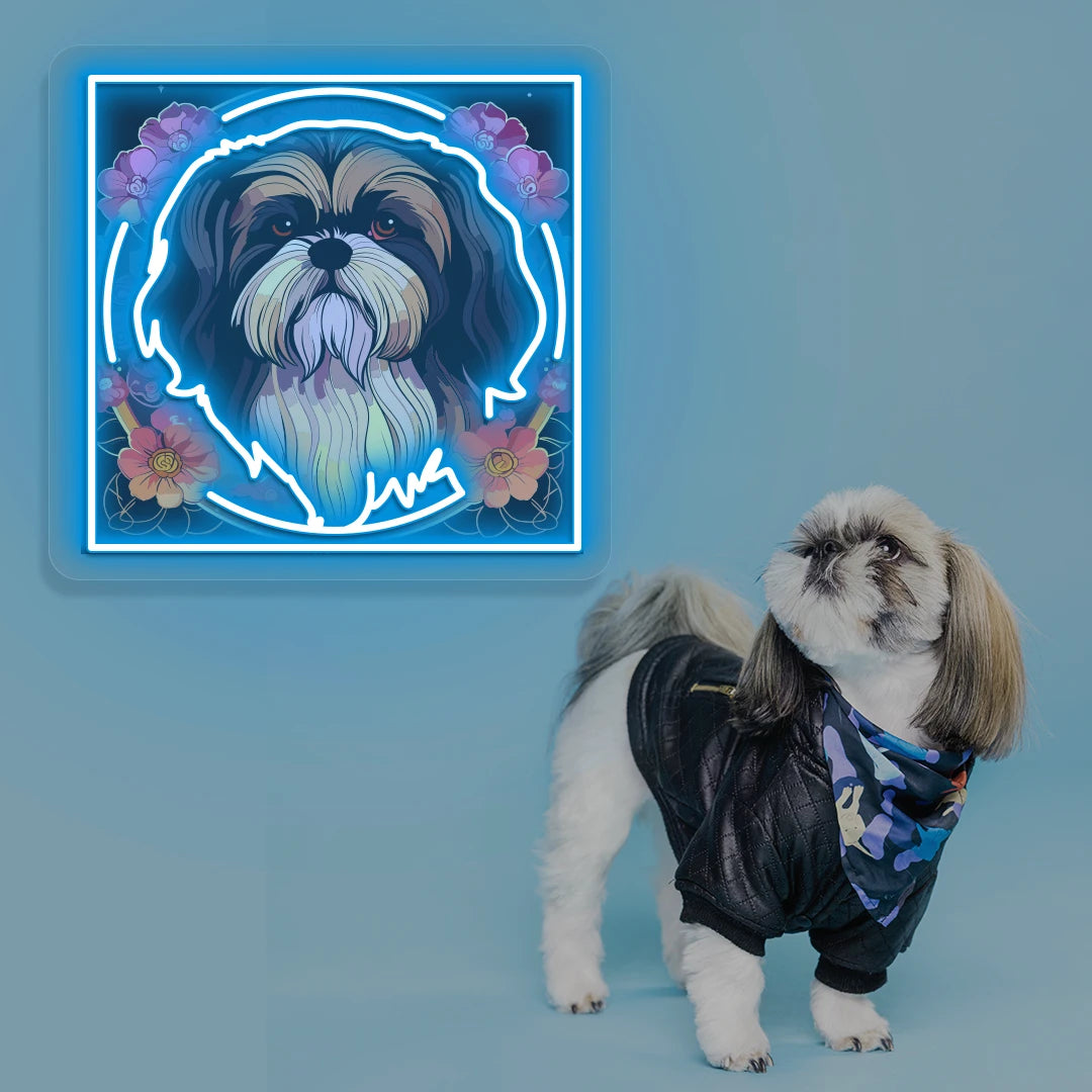 Floral Halo Shih Tzu Portrait Neon Artwork in iceblue color