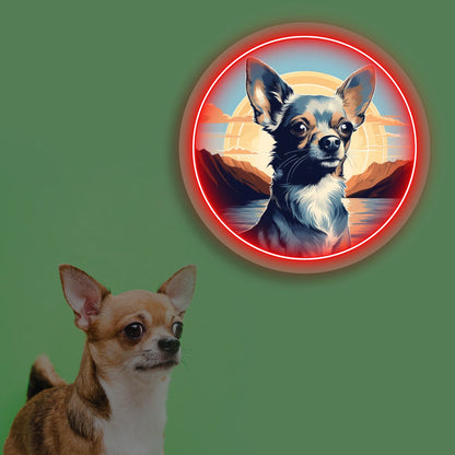 Sunset Lake Chihuahua Portrait Neon Artwork in Red Color