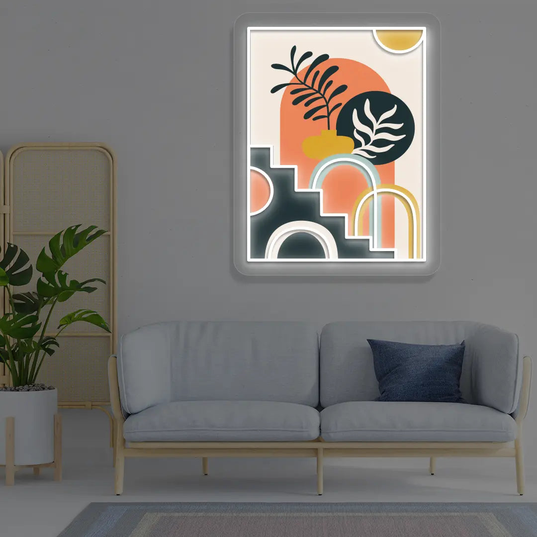 Boho Botanical Staircase Abstract Neon Artwork in White color