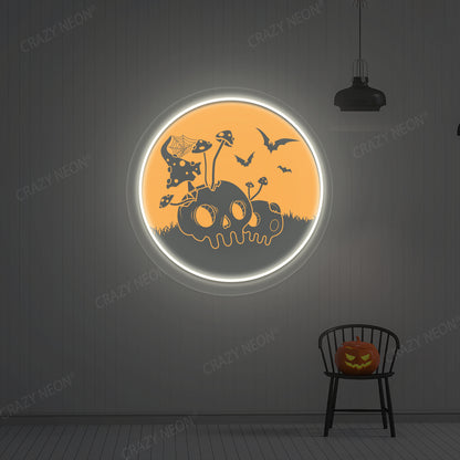 Haunted Mushroom Skulls Neon Artwork | White