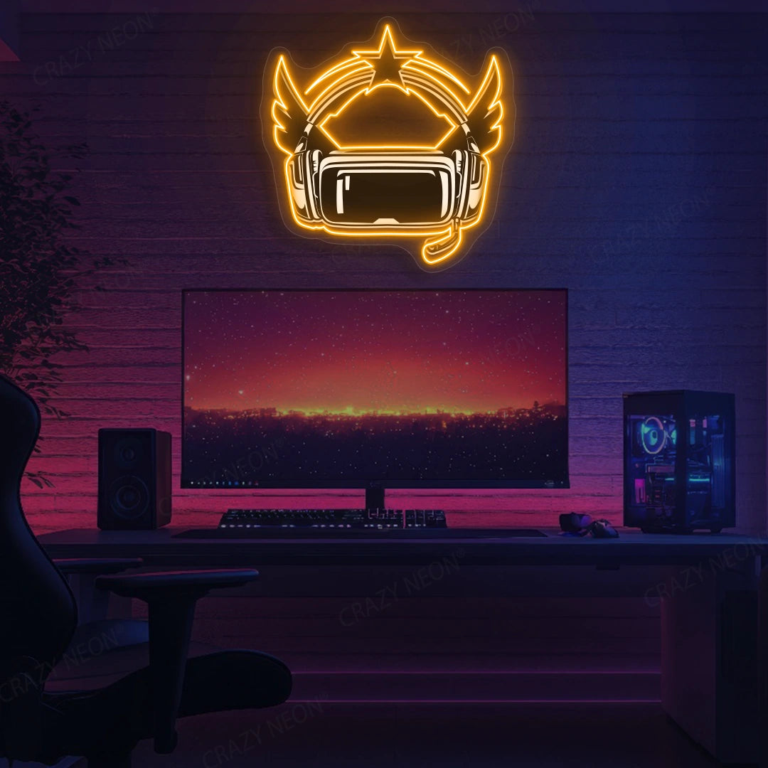 VR Powered Headphone Neon Artwork in Orange  color