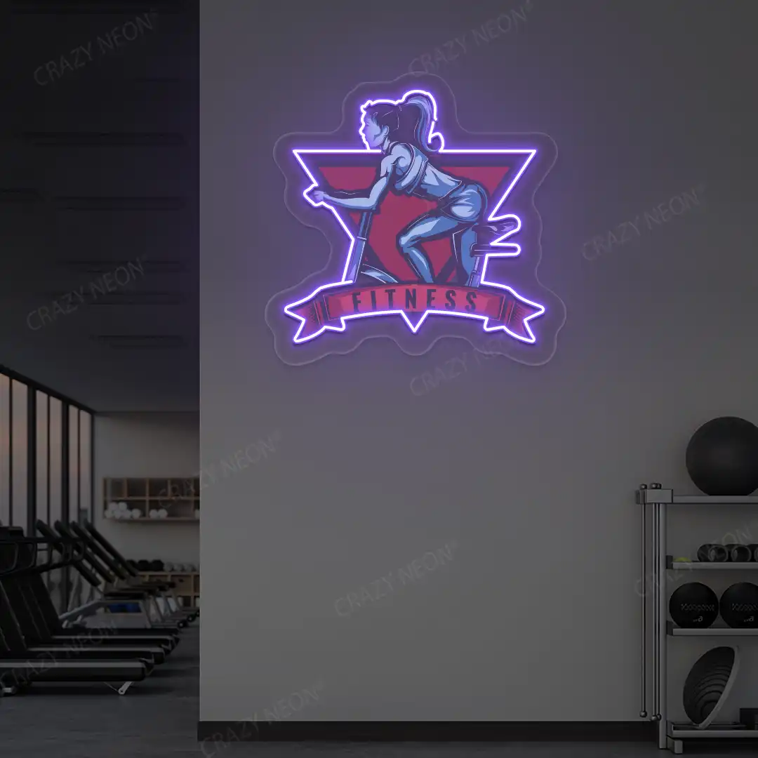 purple girl spinning fitness neon artwork mounted on a wall