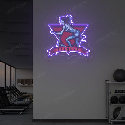 purple girl spinning fitness neon artwork mounted on a wall