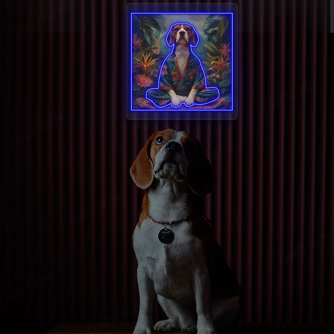 Tropical Zen Beagle Meditation Neon Artwork in Blue color