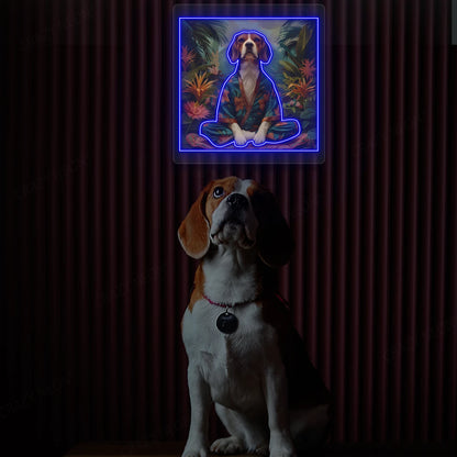 Tropical Zen Beagle Meditation Neon Artwork in Blue color