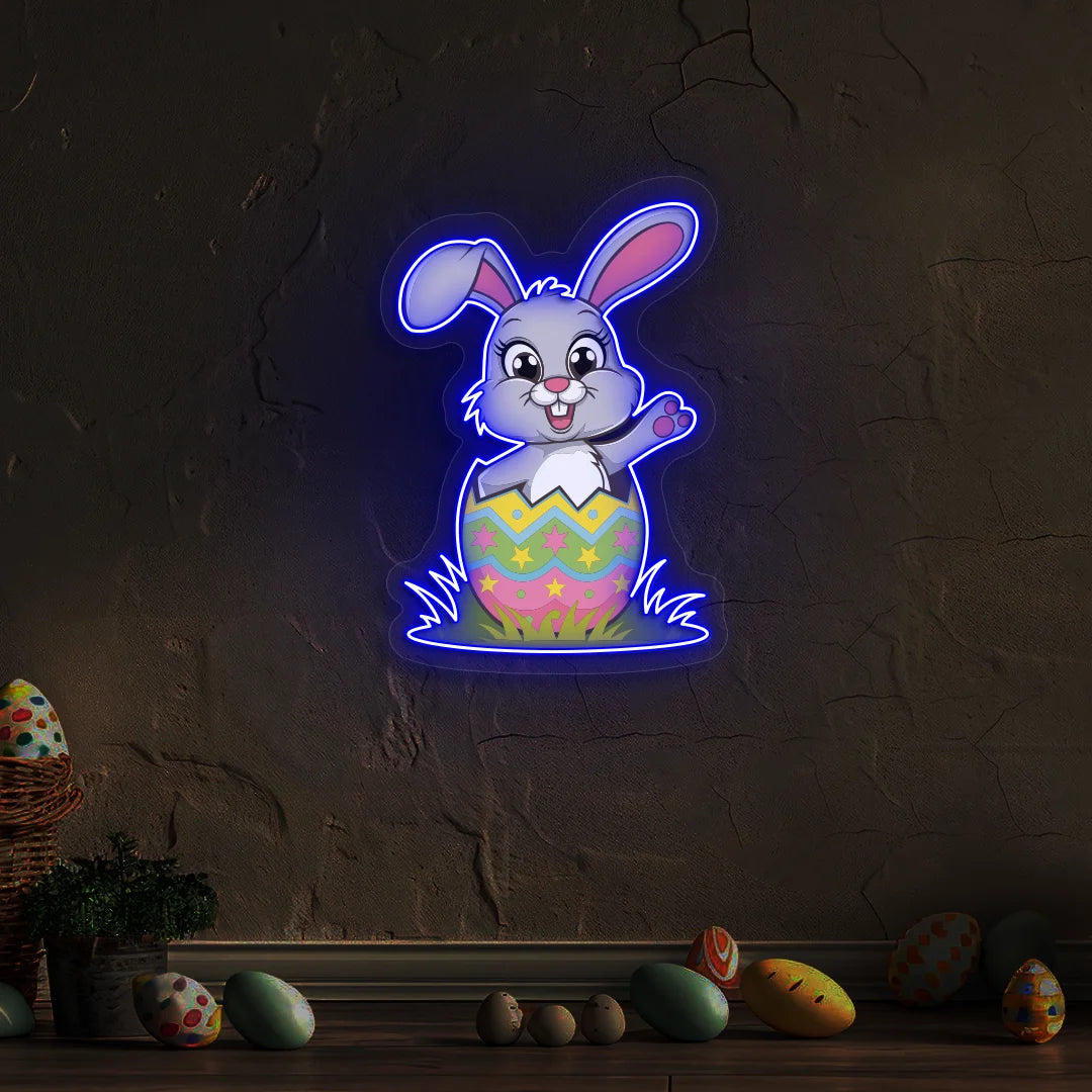 Easter Bunny in Egg Neon Artwork in Blue color