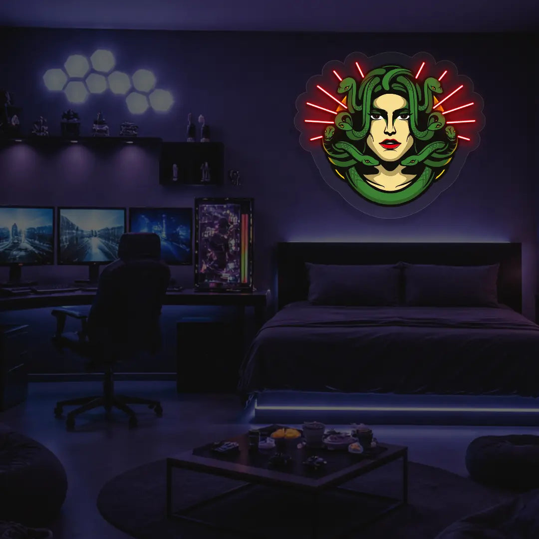 Medusa Head Snake Neon Artwork in Red color
