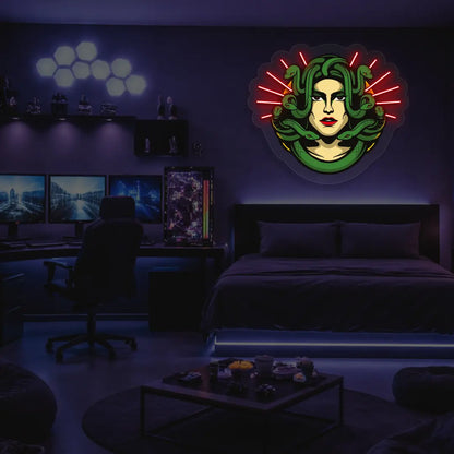Medusa Head Snake Neon Artwork in Red color