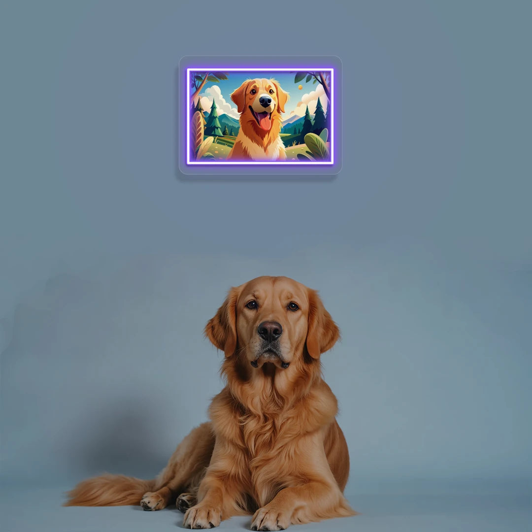 Mountain Trail Golden Retriever Portrait Neon Artwork in purple color