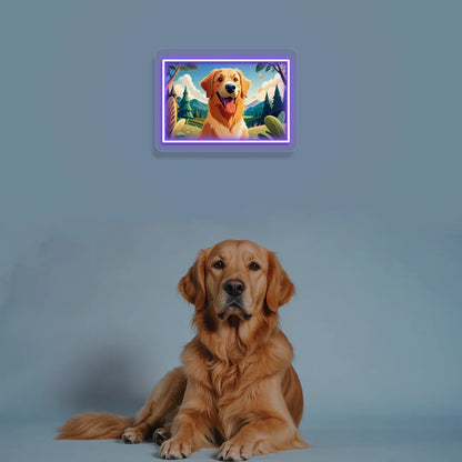 Mountain Trail Golden Retriever Portrait Neon Artwork in purple color