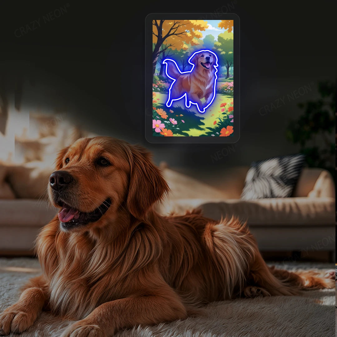 Golden Retriever Garden Portrait Neon Artwork in Blue color