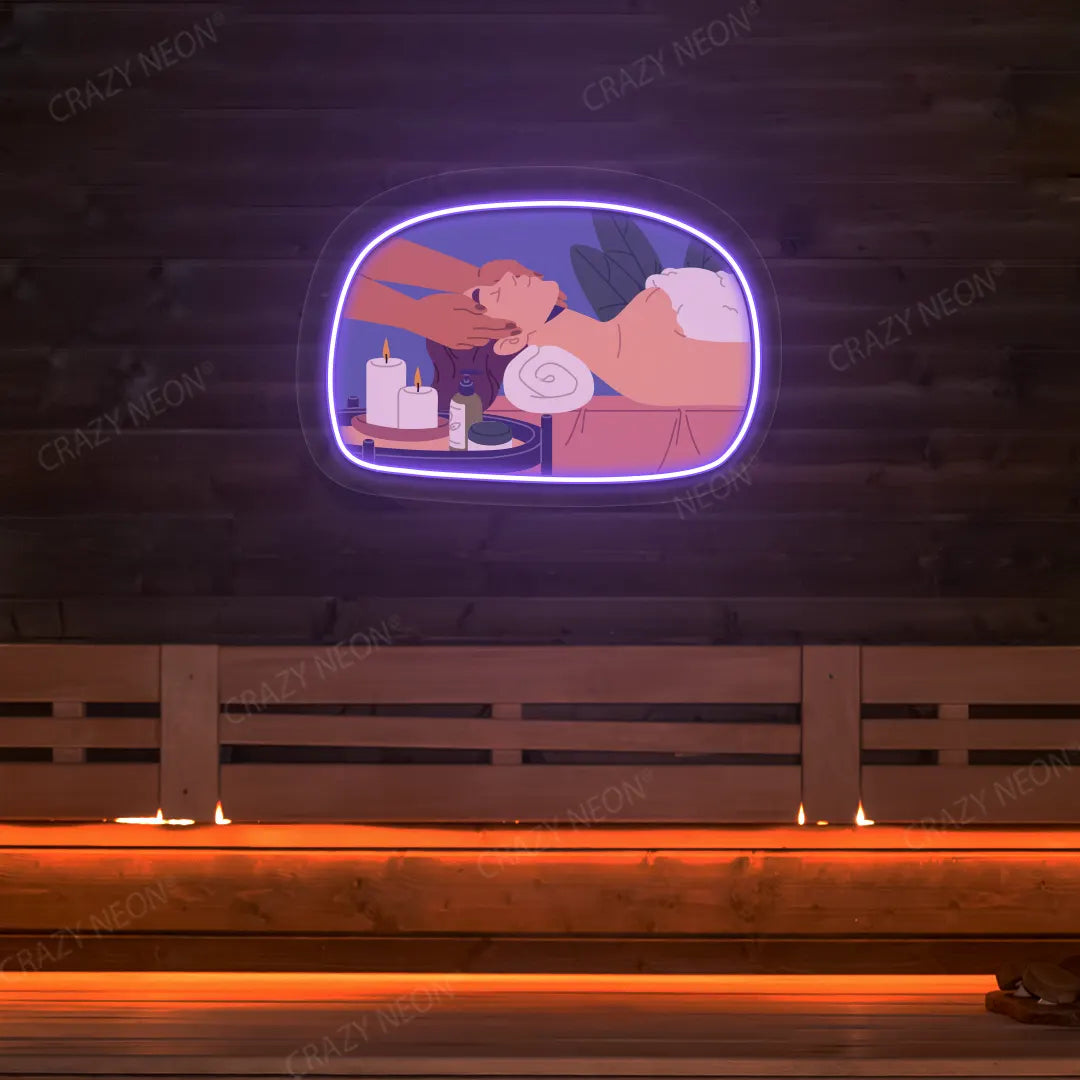 Relaxation Massage Neon Artwork lighting up in purple color on a wooden spa wall