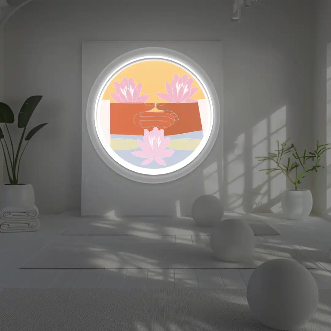 Dhyana Mudra Lotus Neon Artwork lighting up in white color in a yoga room