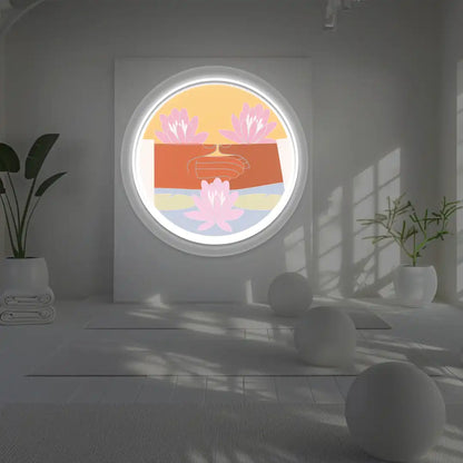 Dhyana Mudra Lotus Neon Artwork lighting up in white color in a yoga room