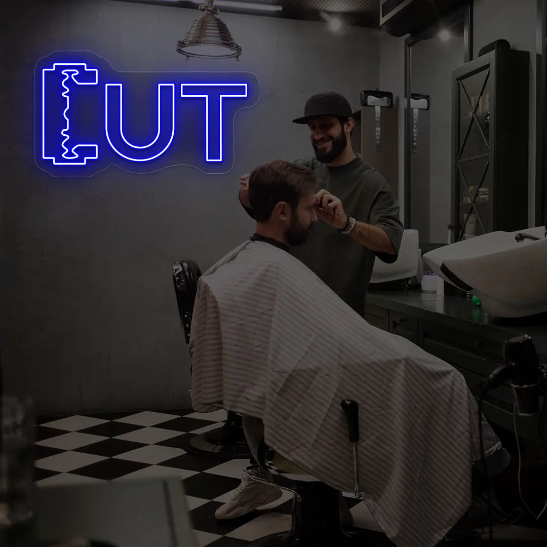 Cut Blade Barber Neon Sign in Blue color