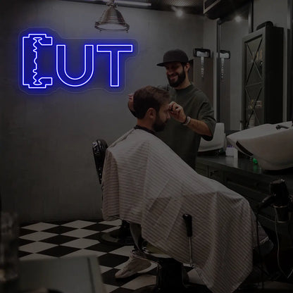 Cut Blade Barber Neon Sign in Blue color