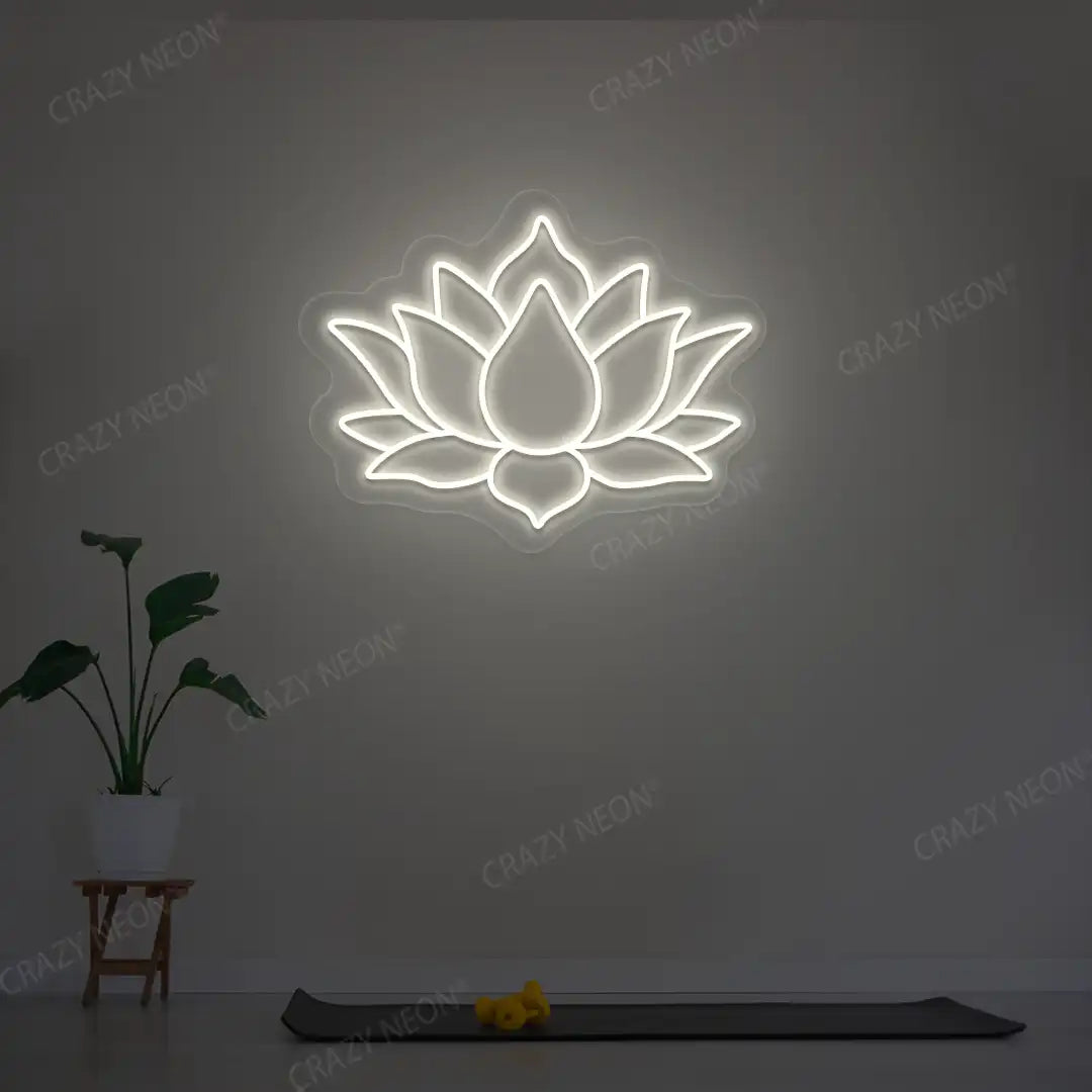 Lotus Flower Neon Sign lighting up in warm white color in a yoga room