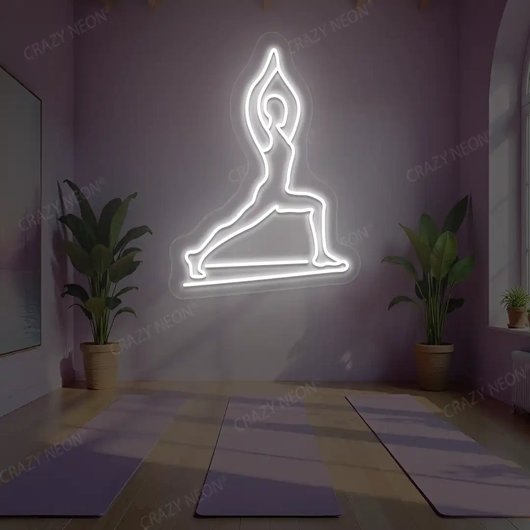 Virabhadrasana I Yoga Neon Sign lighting up in white color in a yoga room