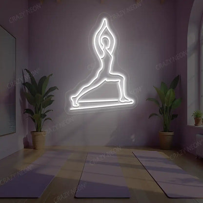Virabhadrasana I Yoga Neon Sign lighting up in white color in a yoga room