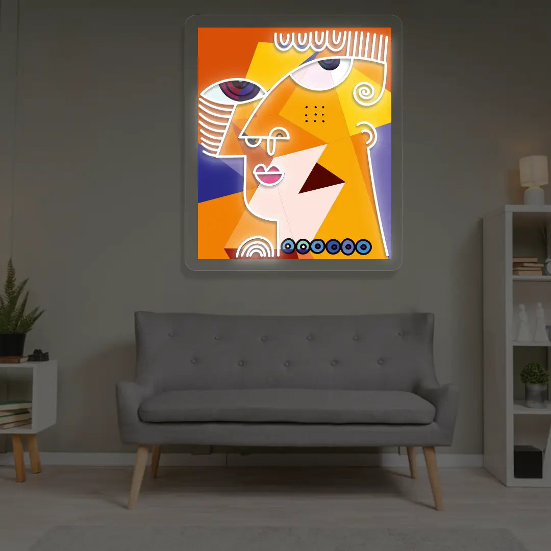 Colorburst Face Abstract Neon Artwork in White color