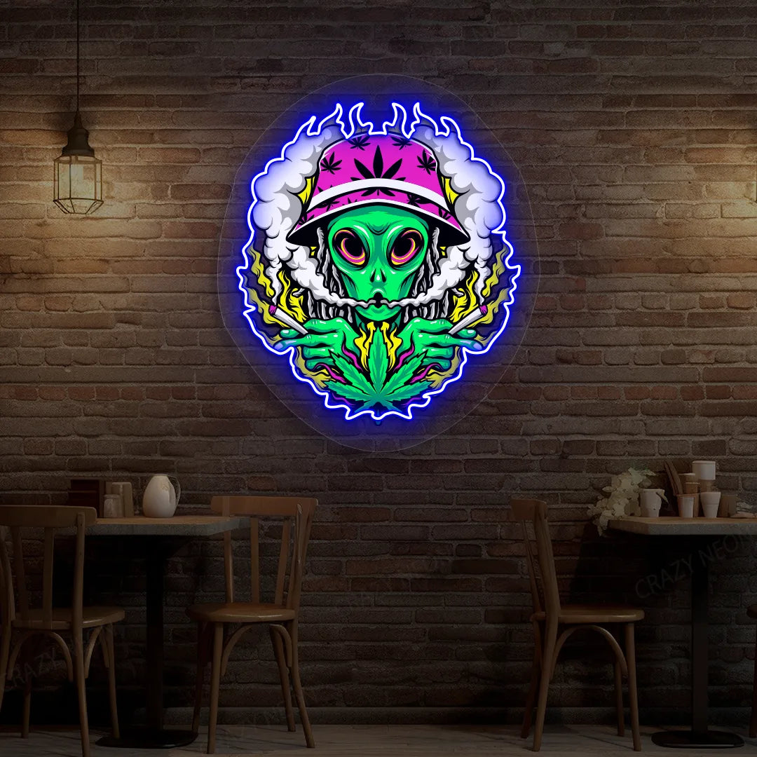Alien Smoking Weed Neon Artwork in Blue color