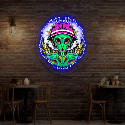 Alien Smoking Weed Neon Artwork in Blue color