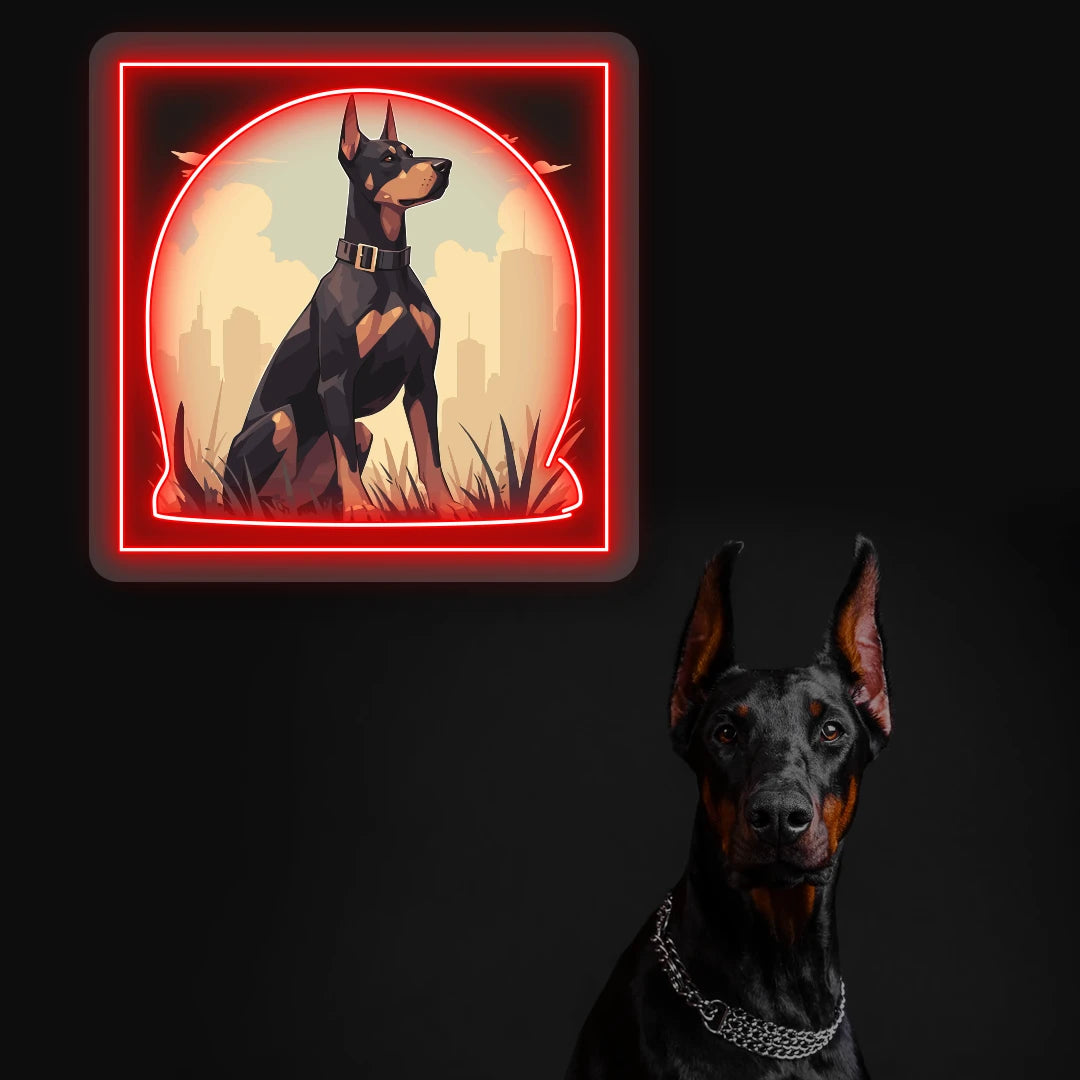 City Sentinel Doberman Neon Artwork in Red color