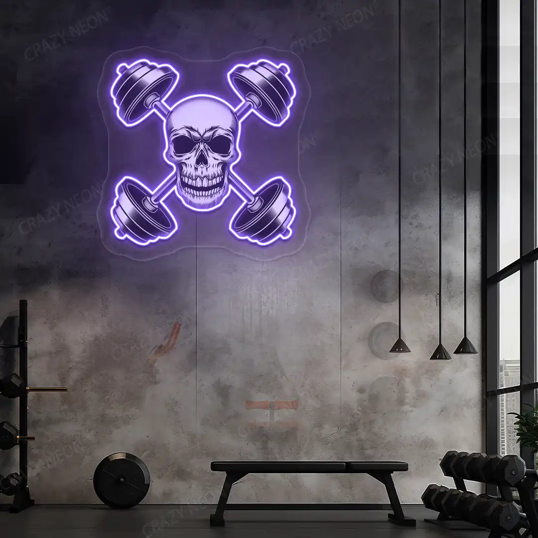 purple skull cross dumbbell gym neon artwork mounted on a wall