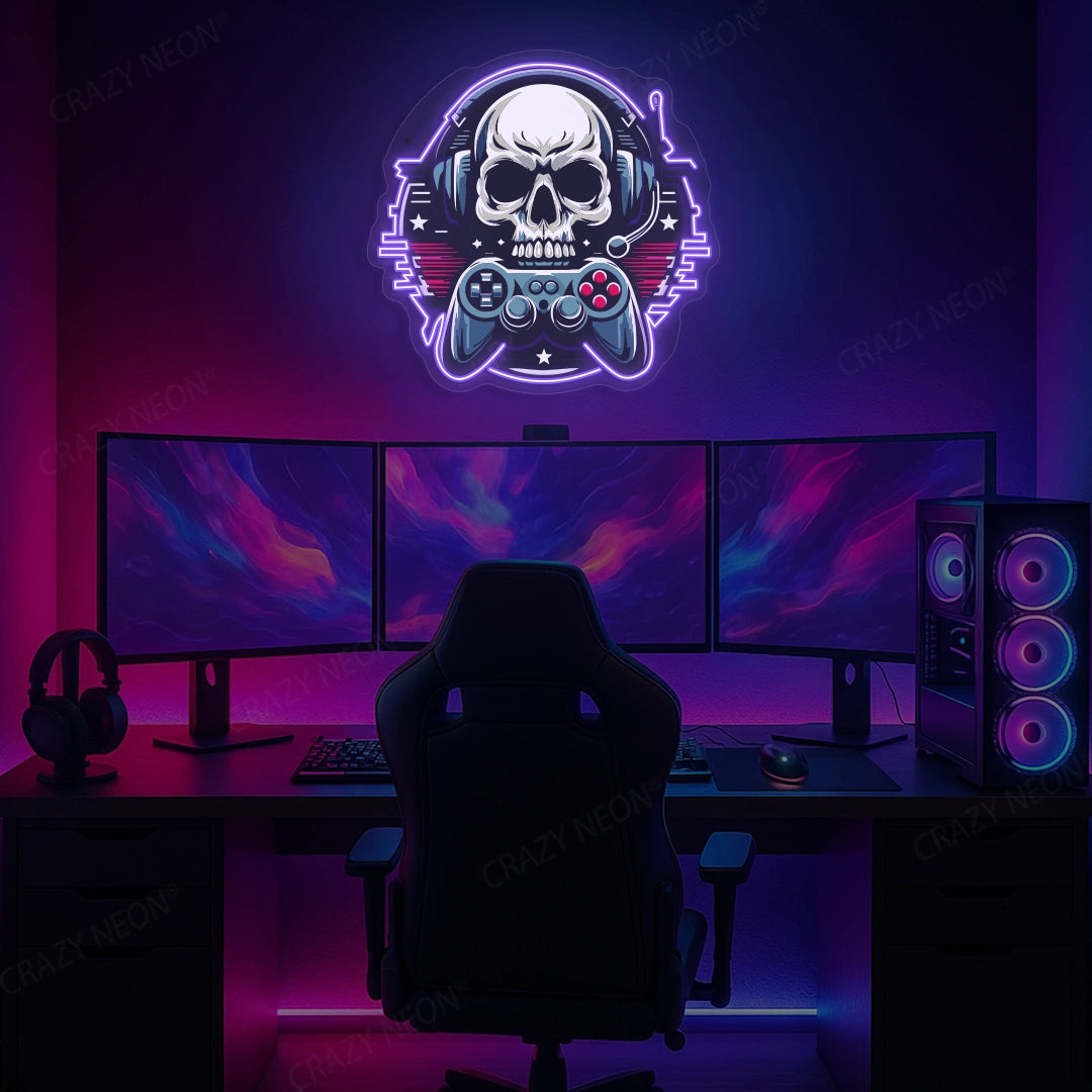 Gamer Skull Headphone Neon Artwork in Purple color