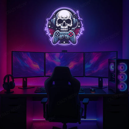 Gamer Skull Headphone Neon Artwork in Purple color