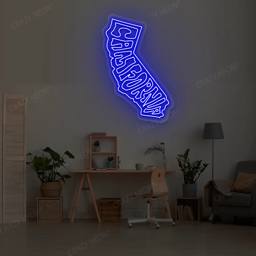 CALIFORNIA Map Neon Sign lighting up in blue color in a room