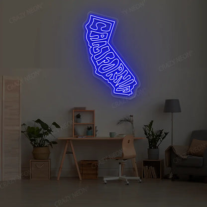 CALIFORNIA Map Neon Sign lighting up in blue color in a room