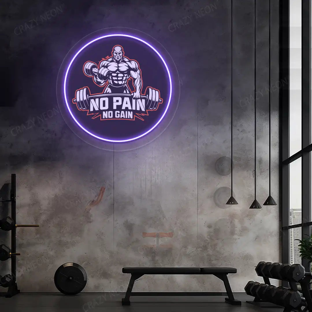 purple no pain no gain gym neon artwork mounted on a wall