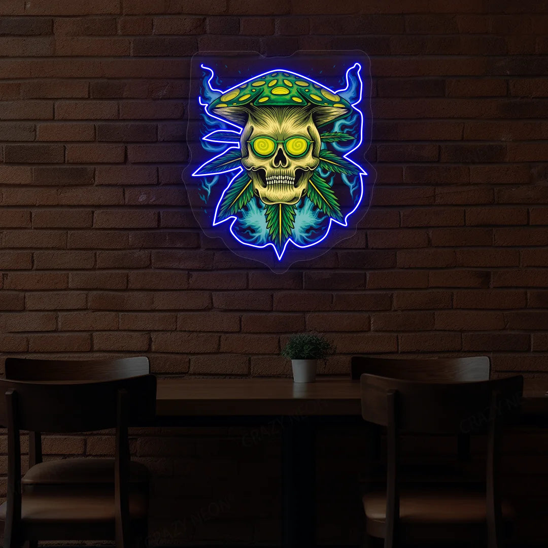 Psychedelic Skull Mushroom Hat Weed Neon Artwork in Blue Color