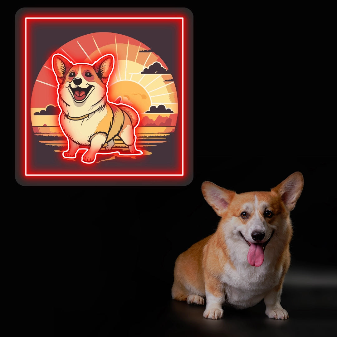 Smiling Corgi Sunset Portrait Neon Artwork in Red Color